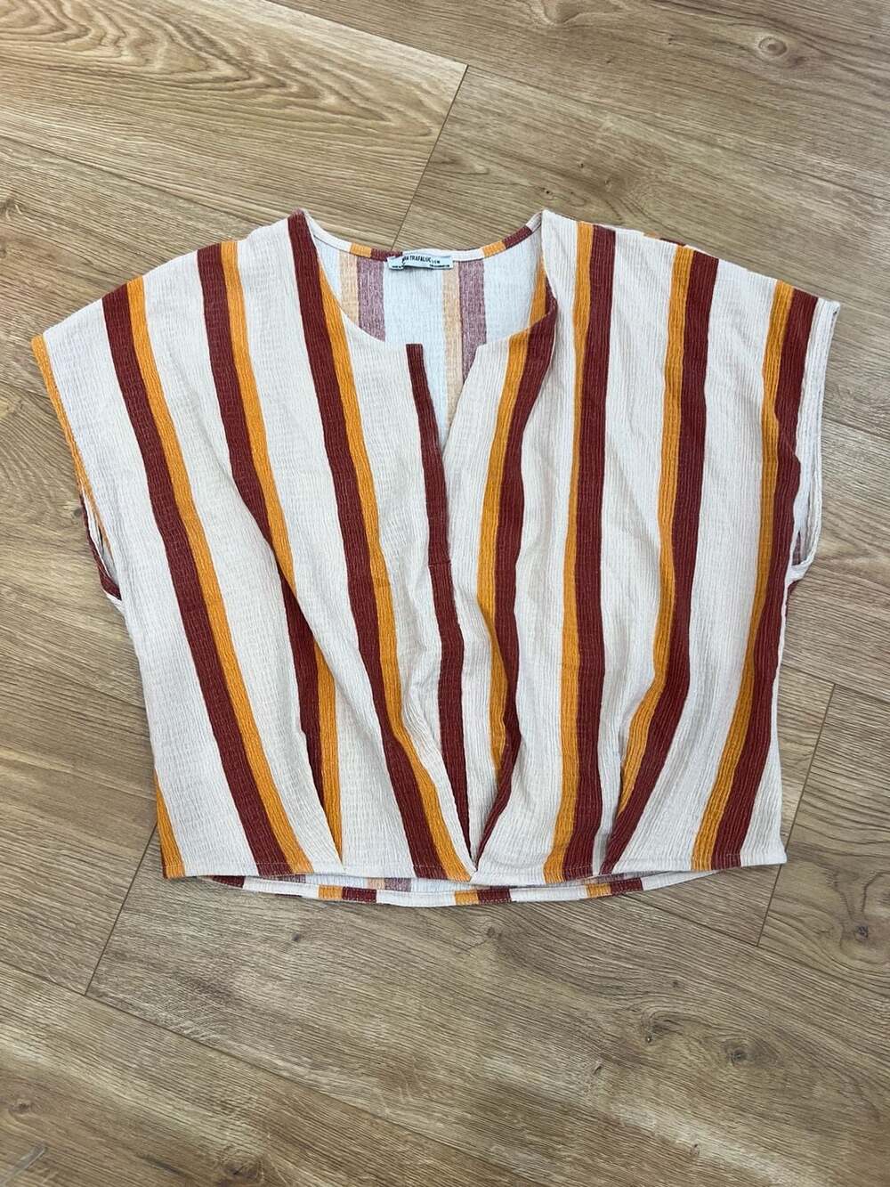 Zara Trafaluc Striped Boxy Short Sleeve V-Neck Blouse